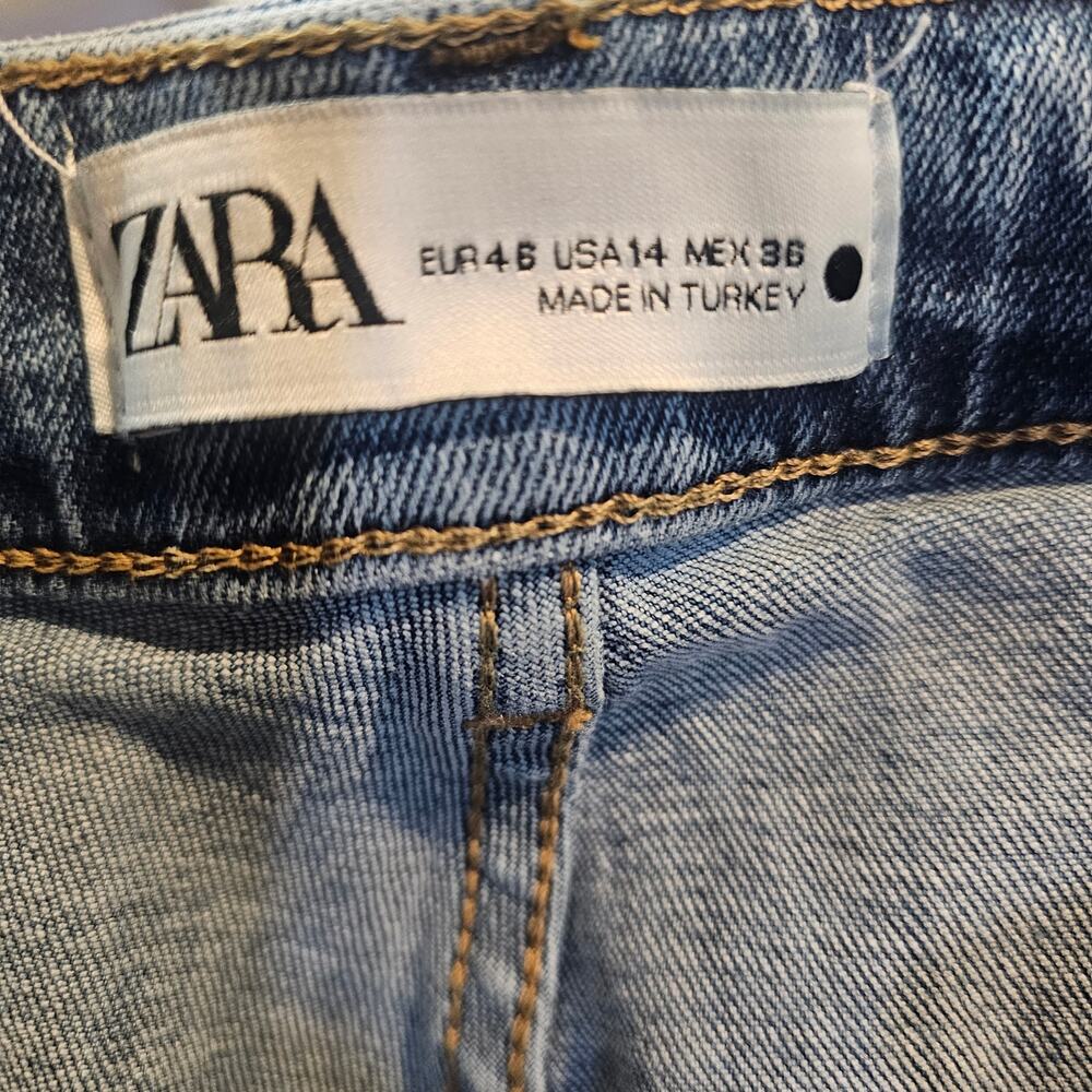 Zara Straight Leg Jeans Size 14 Blue Denim Patch Pocket Raw Hem - Picture 5 of 7